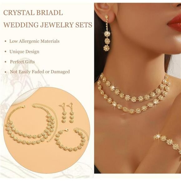 Silver Wedding Jewelry Set Rhinestone Necklace Earrings Bracelet Bridal Prom - Picture 2 of 7